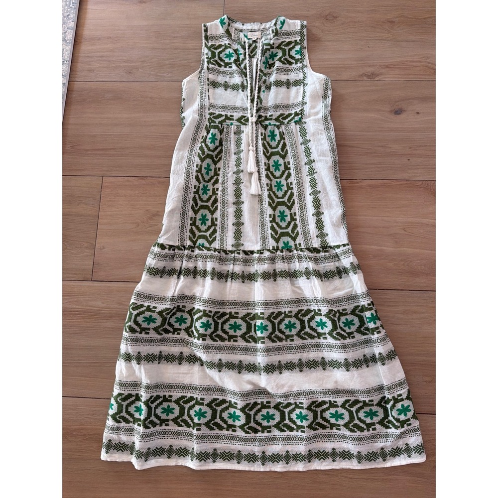 Elan Green White Embroidered Cotton Maxi Dress Tassel Tie Boho CPE50093 Small